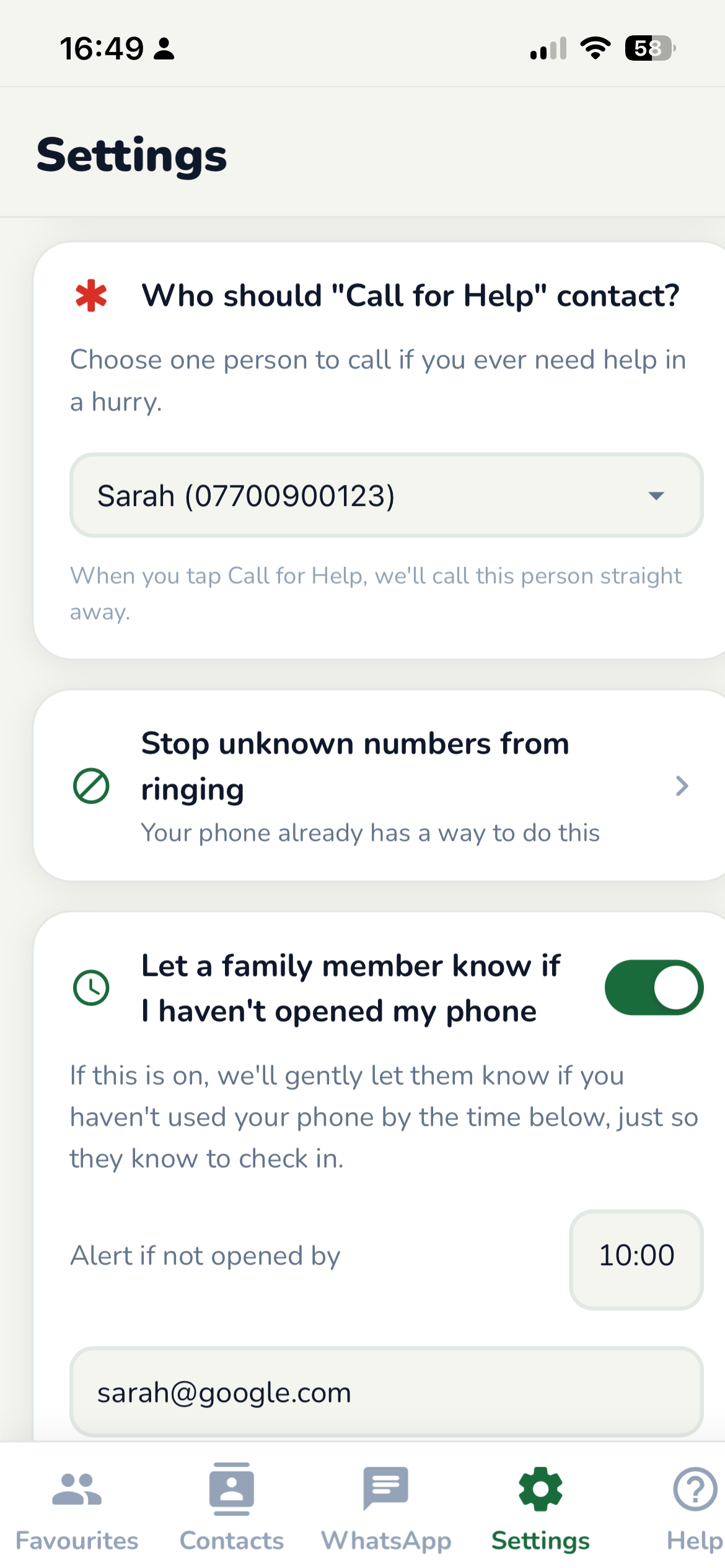 Ezefone Family Safety settings screen