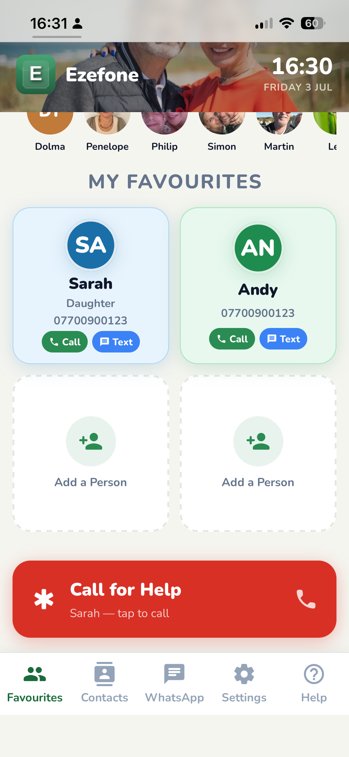 Ezefone home screen showing favourite contacts with Call and Text buttons